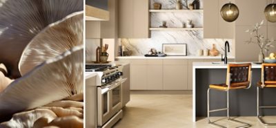 (left) light mushrooms (right) neutral kitchen with modern accents and marble backsplash.