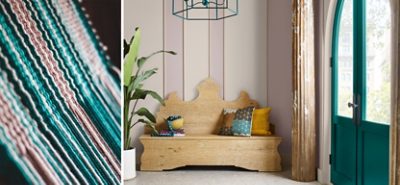 (left) colorful stringlike patterned project (right) entryway with teal doors, a unique wooden bench, and rosy walls.