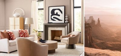 (left) living room with neutral furniture, walls, decor and natural light (right) image of desert with rosy clouds.