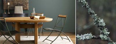 (left) green walls with wooden table, metal slender chairs, and neutral decor (right) branch with natural greenery on it.