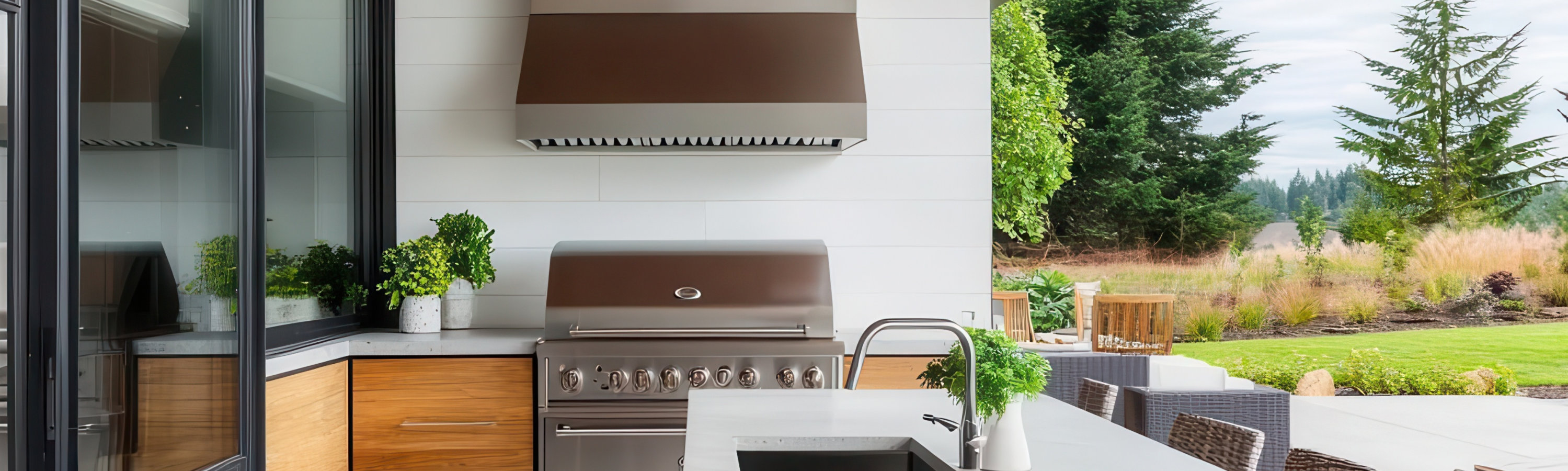 Modern outdoor kitchen with stainless steel grill, wooden cabinets, concrete countertop, and nearby seating area.