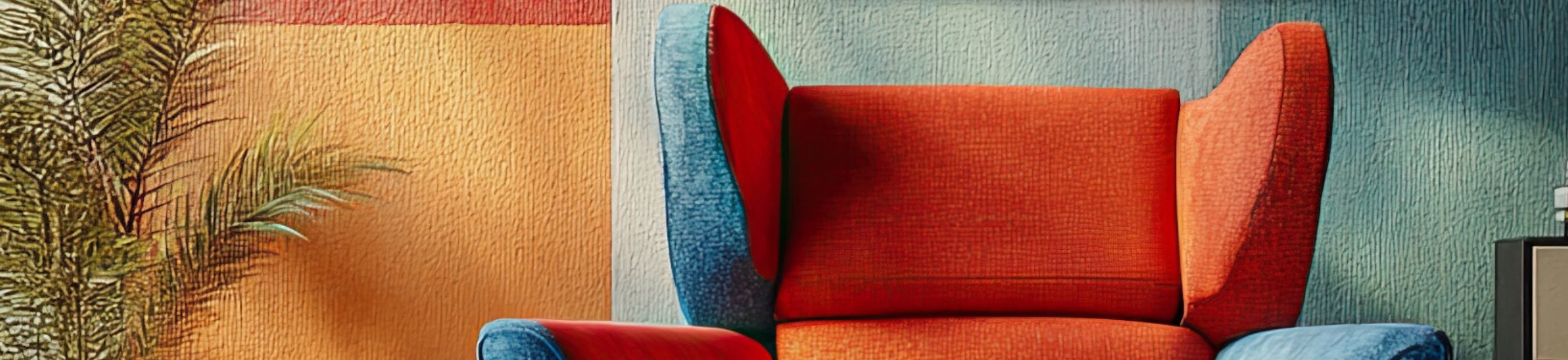 Colorful living space with red-blue armchair, geometric wall, sideboard, and decorative items.