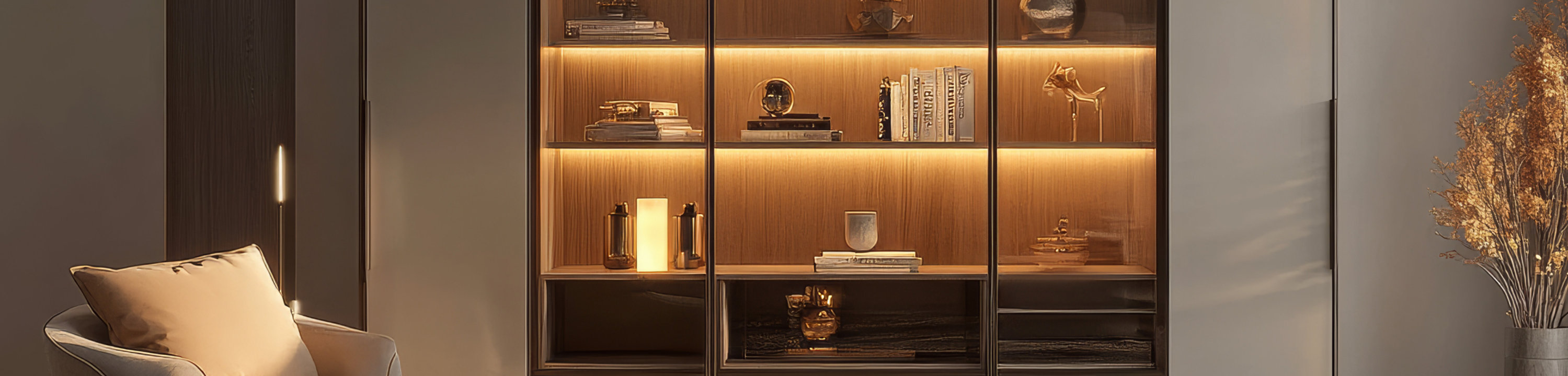 Modern living room with built-in shelves, decorative items, an armchair, and warm lighting.