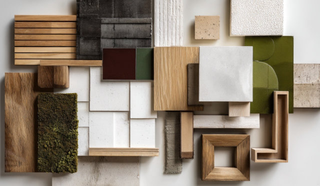 Grid of material samples including wood, tiles, concrete, moss, and fabric in varied textures and colors.