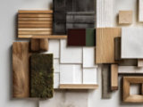 Grid of material samples including wood, tiles, concrete, moss, and fabric in varied textures and colors.