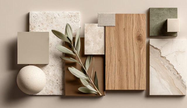 Flat lay of mixed materials: wood, marble, tiles, fabric, stone sphere, and green leaves.