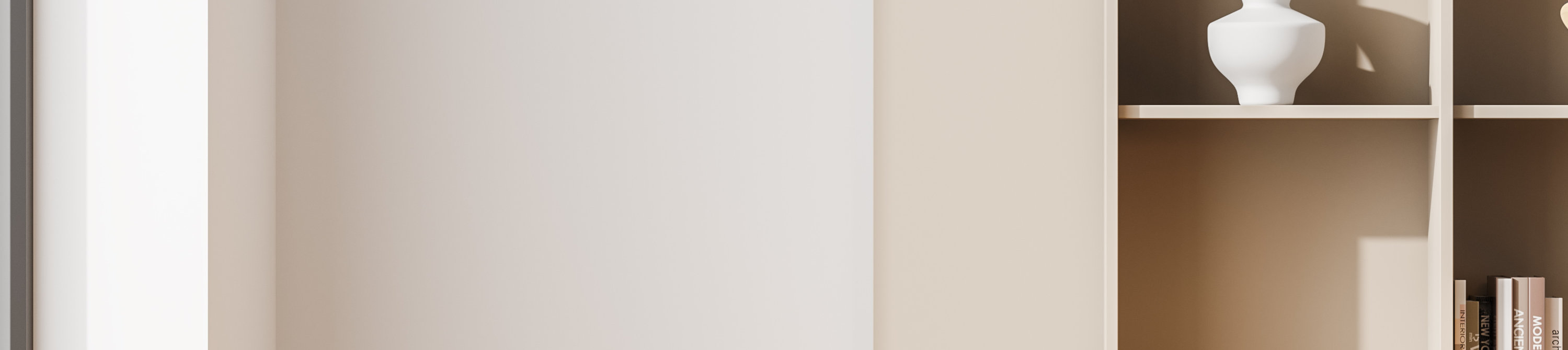 Minimalist room with armchair, tall bookshelf, floor lamp, and herringbone wood flooring.