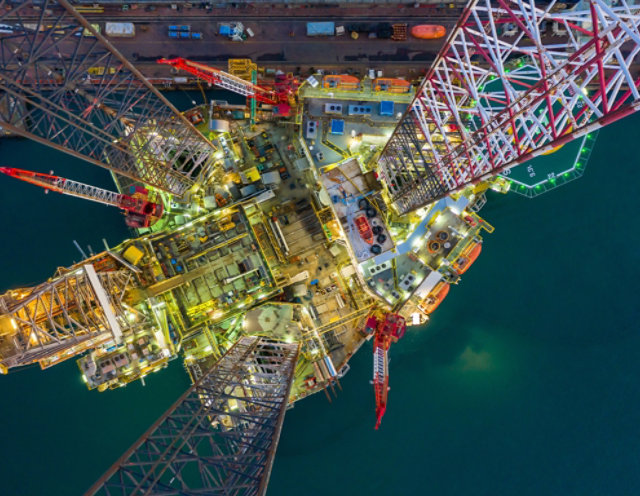 Arial view of an oil refinery in the ocean