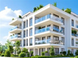 A modern, multi-story apartment building featuring large balconies with glass railings, surrounded by trees and shrubs