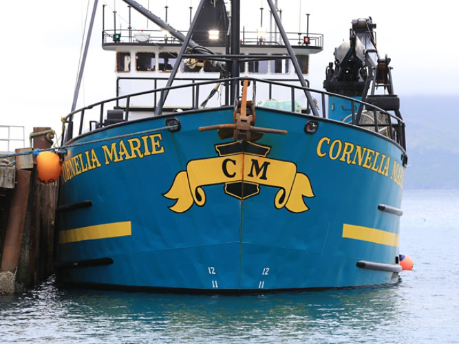 The front of the Cornelia Marie in the water