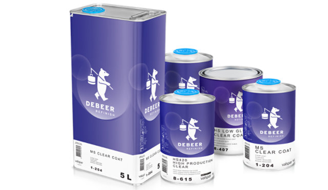 DeBeer automotive clear coatings in an assortment of packaging