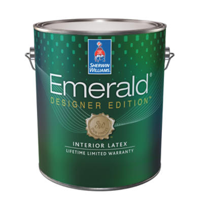 A green labeled paint can for Sherwin-Williams Emerald Designer Edition Collection.