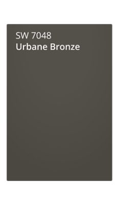 Urbane Bronze (SW 7048) color swatch. A dark grey color with green undertones.
