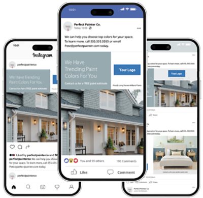 Three iPhones featuring a free exterior painting estimate Facebook post.