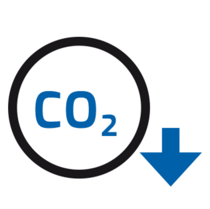Icon of a CO2 bubble with an arrow pointing down to indicate reduce carbon footprint