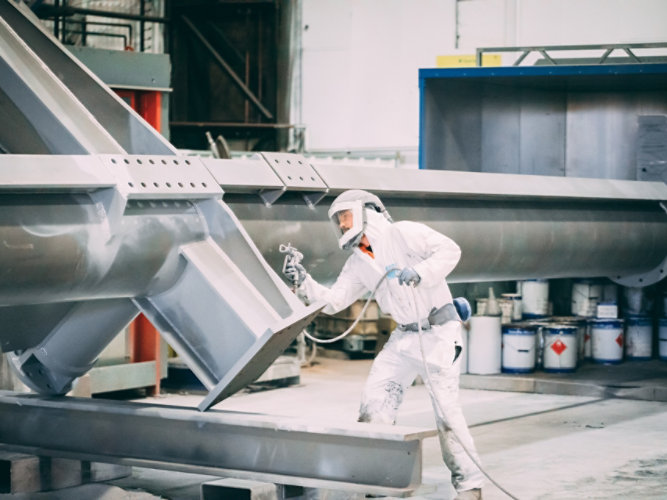 Applicator spraying fire protective coating on steel beam in a shop