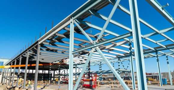 Building being constructed with steel beams