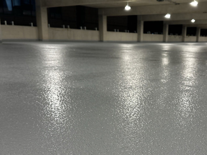 Close up view of the completed parking decks at Sherwin-Williams new HQ.