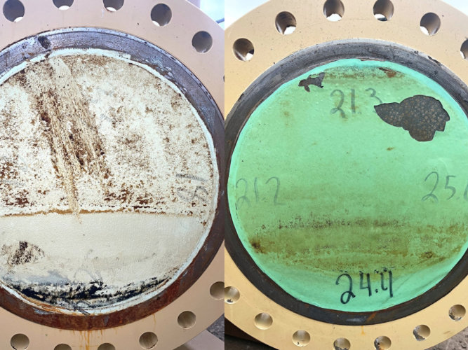Side-by-side field test of different linings applied to two process vessels, the Nova-Plate 360 lining (left) stayed completely intact on the vessel's hatch covers, which are subject to the most operational wear and tear, and throughout the vessel. The polycyclamine-cured lining (right) blistered, cracked and peeled on the covers and elsewhere inside the vessel. 