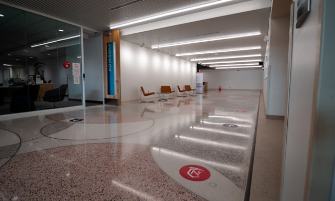 college hallway showing terrazzo floor design