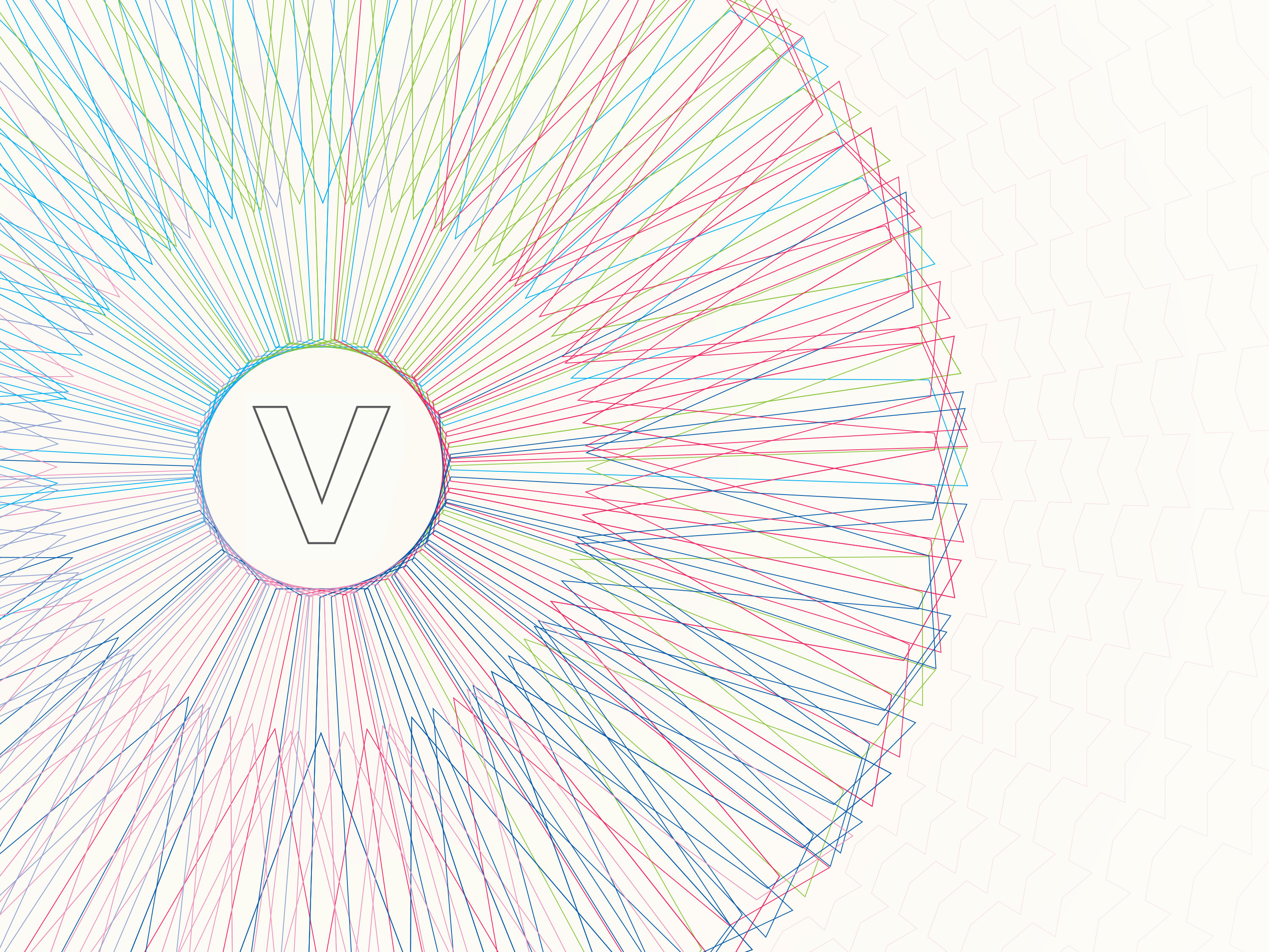 The letter V is centered in a circle, surrounded by outstretching lines in a rainbow of colors that are blended and interconnected to form a larger circle.