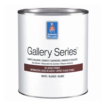 A gallon of Sherwin-Williams Gallery Series Oil-Based Primer.