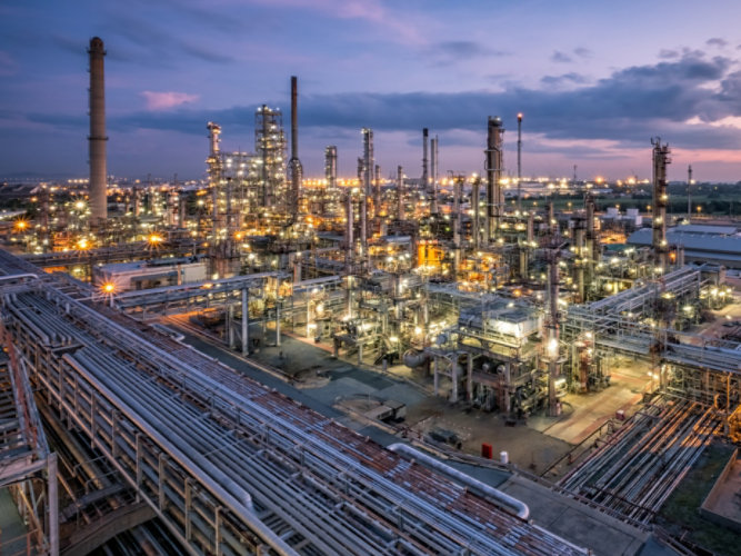 Oil and gas refinery at night