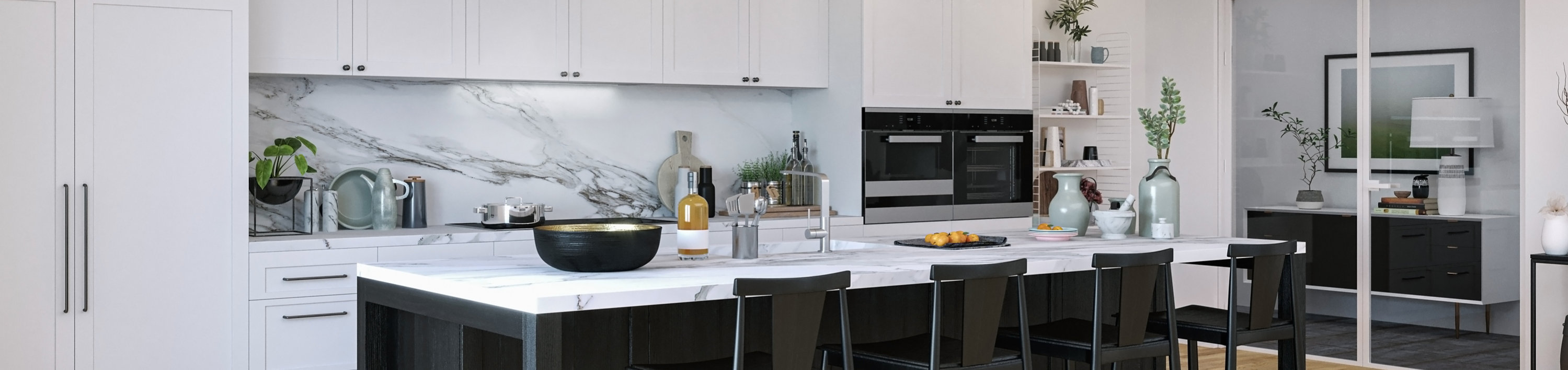 Cocina con isla y sellas recubiertas con revestimientos para muebles de cocina de Sherwin-Williams.