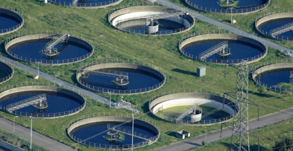 Arial view of wastewater treatment facility with clarifiers