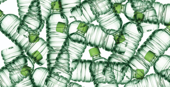 Clear green plastic water bottles