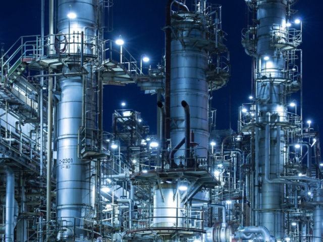 An oil & gas refinery at night