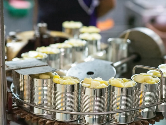 food cans filled with fruit on conveyor line