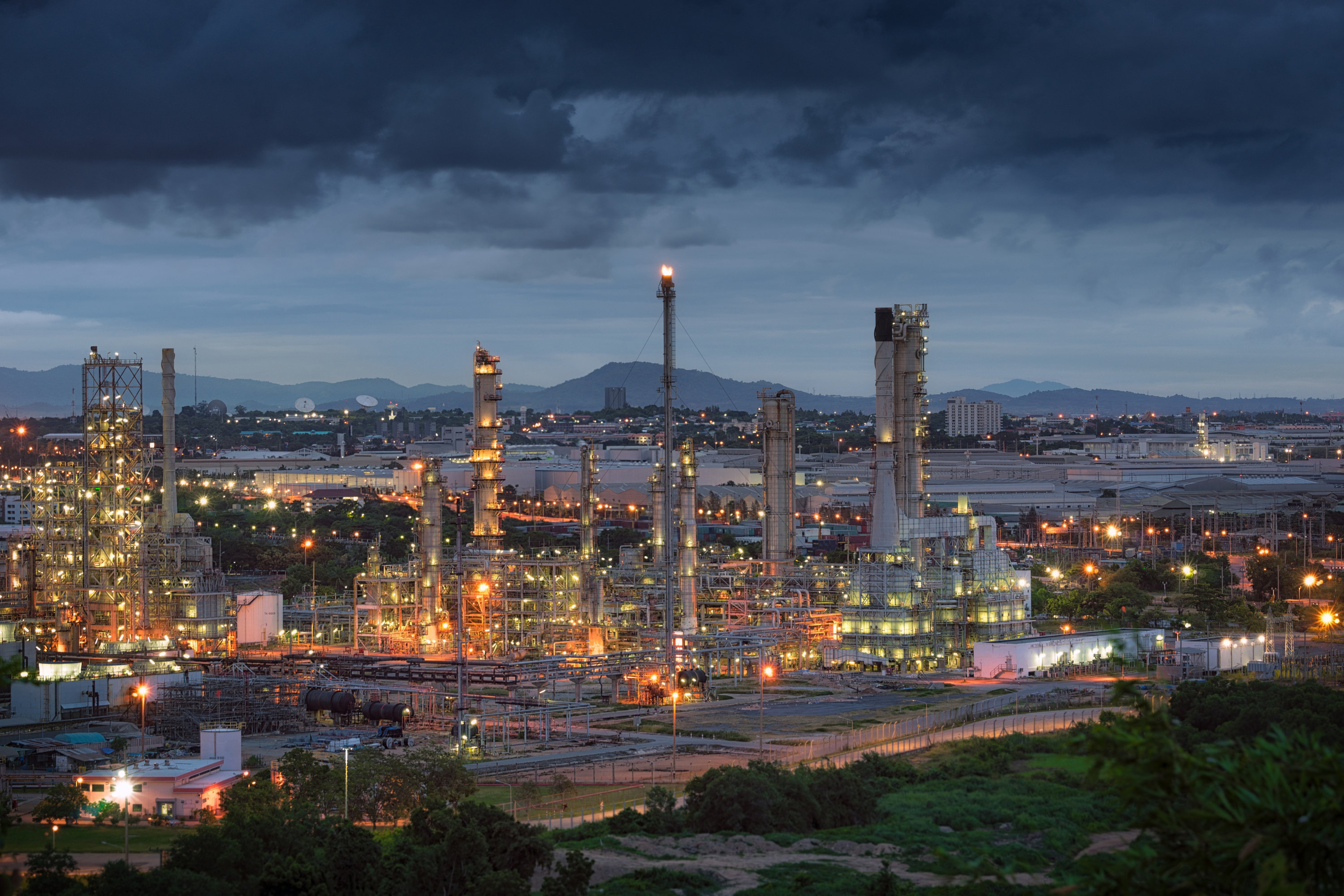 An oil refinery at night