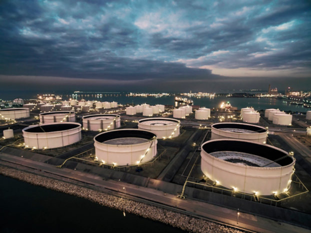 storage tanks at night