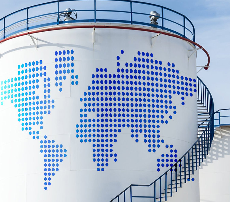 image of a tank with a dot matrix map of the earth superimposed on top