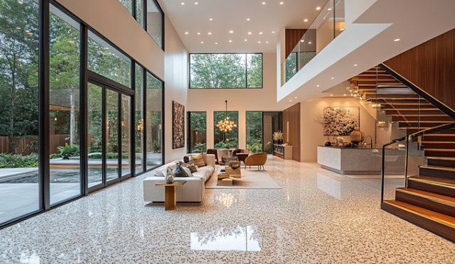Hotel lobby with terrazzo floors