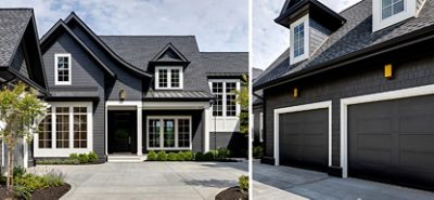 The moody modern shade of Iron Ore SW 7069 (251-C7) gets a contemporary-meets-classic complement of trim in crisp Dover White SW 6385 (261-C2). Photo by Solomon Davis, courtesy of Hatcliff Construction, LLC.