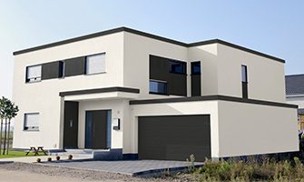 A modern home with white exterior in SW 7008 Alabaster. The garage, roof and window shades are in SW 7069 Iron Ore.