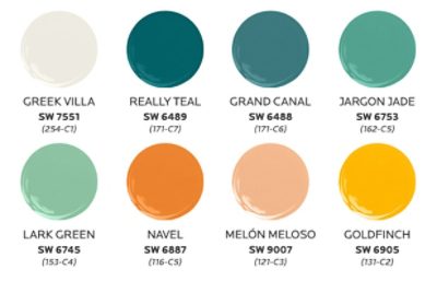 Greek Vanilla SW 7551, Really Teal SW 6489, Grand Canal SW 6488, Jargon Jade SW 6753, Lark Green SW 6745, Navel SW 6887, Melón Meloso SW 9007 and Goldfinch SW 6905.