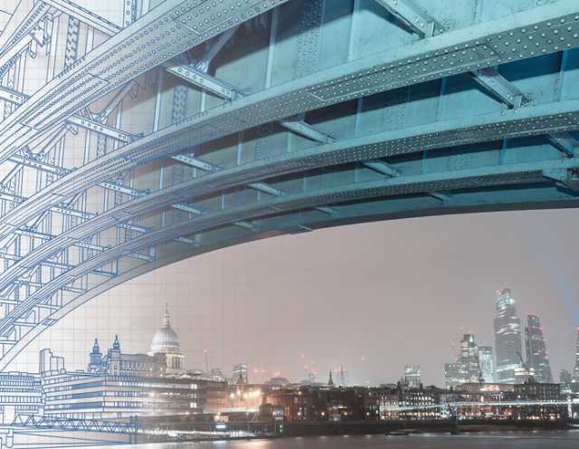 A view of the London skyline from under a bridge