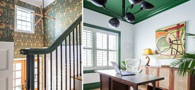 A banister painted with SW 0065 Vogue Green. An office with white walls and green window trim and ceiling painted with SW 6446 Arugula.