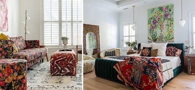 A living room with a couch and coffee table in various patterned colors. A bedroom with a large bed with a colorful patterned comforter against white walls.