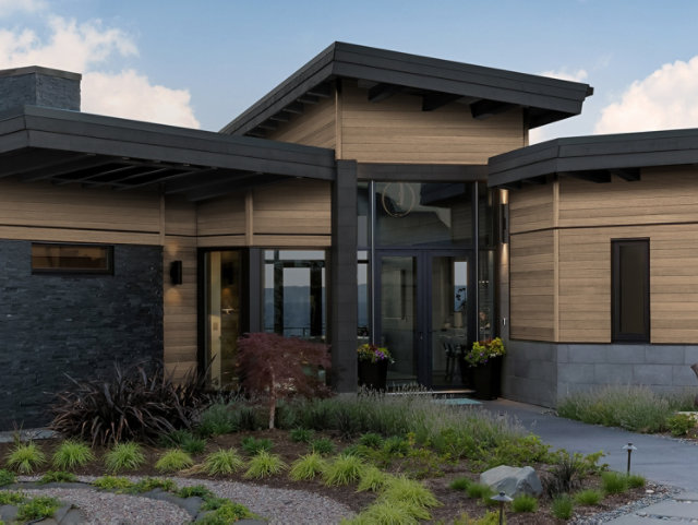 Retouched application image of a modern house featuring Sherwin-Williams Emulate Wood Oak pattern panels in the Wheat colorway 
