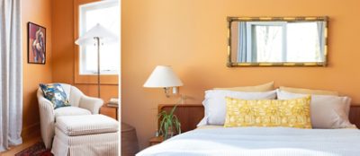 (left) orange walls with a striped chair/ottoman near a window (right) orange walled bedroom with a mirror above the bed and light at the side.