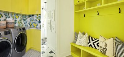 (left) bright yellow cabinets in a laundry room (right) bright yellow hallway storage area decorated with black and white pillows.