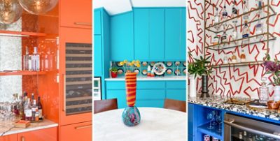 (left) orange cabinets for a bar area (middle) bright blue kitchen cabinets and funky decor (right) blue cabinets, black and white countertop, red and white designed walls for a wet bar.