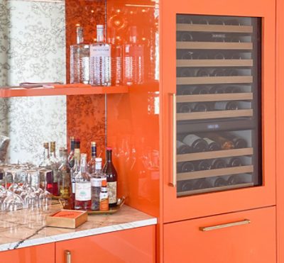 orange cabinets for a bar area.