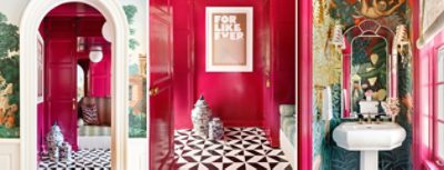 Images of bright pink hallways and bathroom with printed wallpaper.