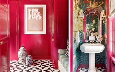 Images of bright pink hallways and bathroom with printed wallpaper.