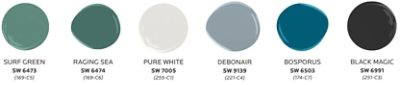 from left to right swatches of paint colors: Surf Green, Raging Sea, Pure White, Debonair, Bosporus, Black Magic.